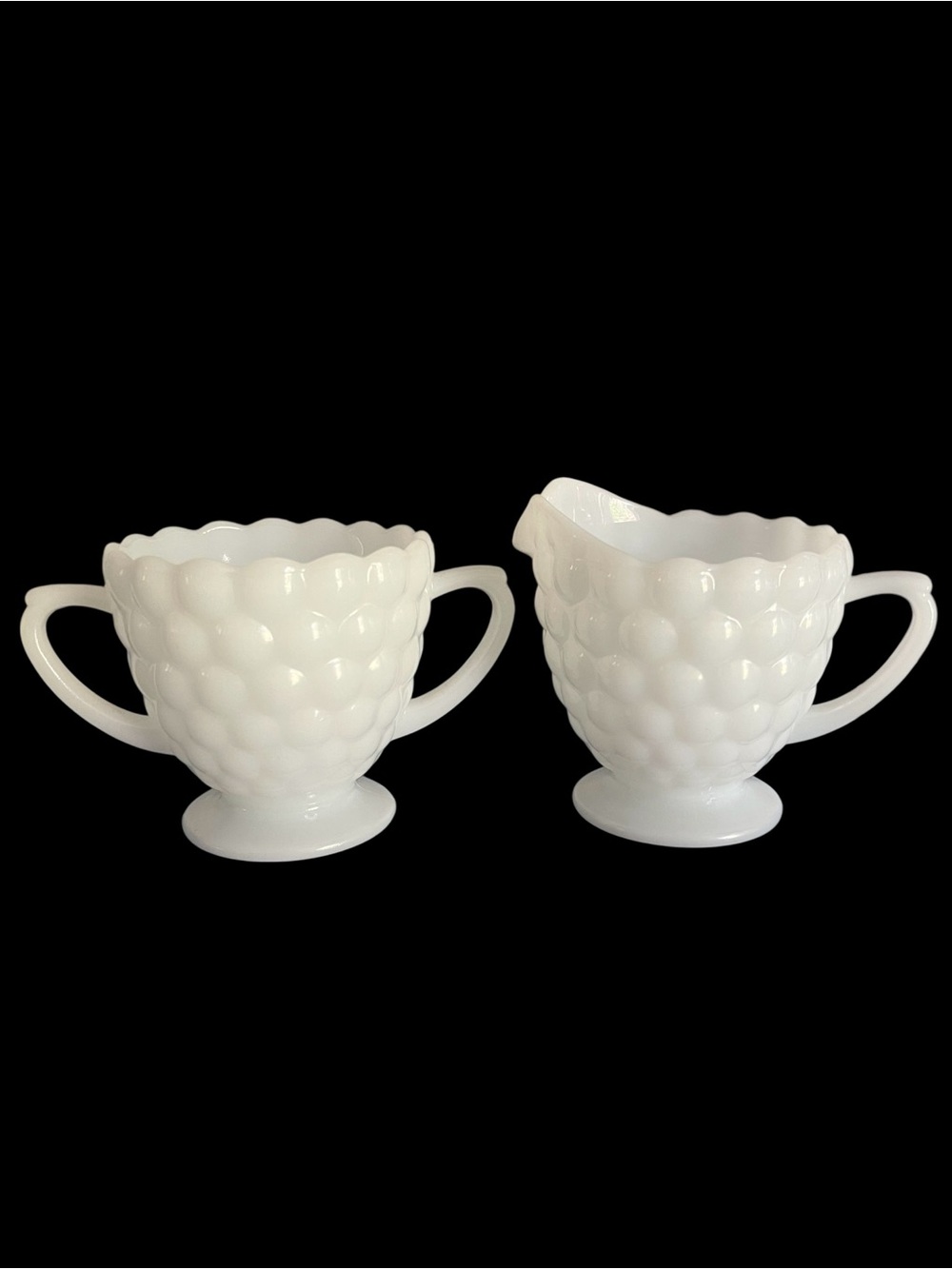 Anchor Hocking Bubble milk glass creamer & sugar set unique white opaque design